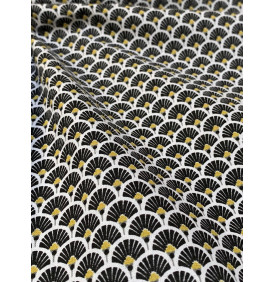 Coton Enduit – Éventails Dorés Noir – Motif Japonisant | Coupon 50x160 cm