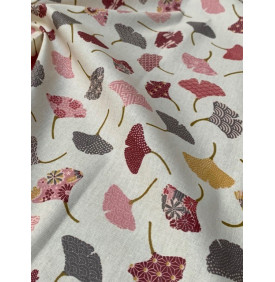 Coton Enduit – Ginkgo Ivoire Rose – Motif Feuilles Japonisantes | Coupon 50x160 cm