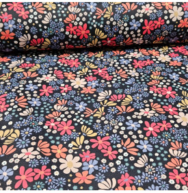 Coton Enduit – Maria Bleu Orange – Motif Fleuri | Coupon 50x140 cm