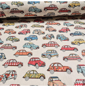 Coton Enduit – Dedeuche Ivoire Rouge – Motif Voitures Vintage | Coupon 50x160 cm