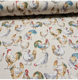 Coton Enduit – Monique Lin – Poules & Coqs | Coupon 50x160 cm