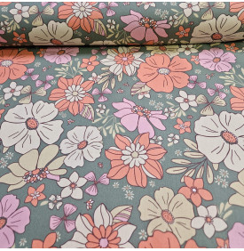Coton Enduit – Sylvie Vert / Orange – Fleurs Douces Vintage | Coupon 50x145 cm