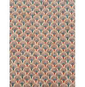 Tissu Liège Imprimé Paon Bleu/Rouge – Motif Graphique – Coupon 50x70 cm