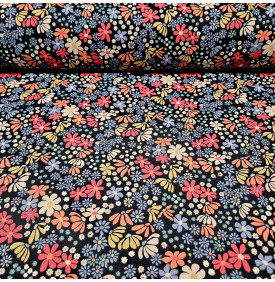 Coupon Coton Imprimé : Maria. Bleu / Orange - Tissus LM