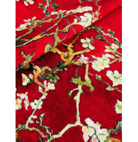 Tissu Velours Ras Palatine – Amandier en Fleurs Rouge | Coupon 50x70 cm
