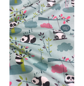 Coton Enduit Imprimé – Pandipanda Turquoise | Tissu Enfant Déperlant – 50x155 cm