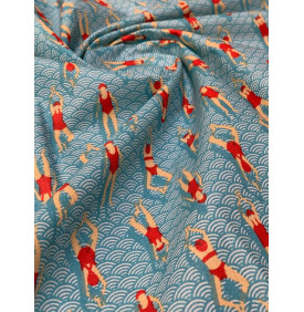 Coupon Coton Enduit : Swimming Pool. Bleu/ Rouge (50x160 cm)