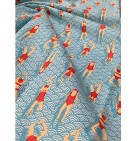 Coton Enduit – Swimming Pool Bleu Rouge – Baigneuses Vintage | Coupon 50x160 cm