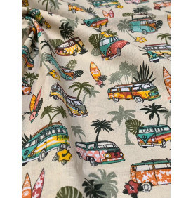 Coton Enduit – Surf Kaki – Motif Van & Palmiers | Coupon 50x140 cm