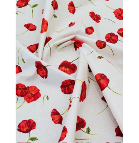 Coton Enduit – Coquelicot Écru – Motif Floral Rouge – 50 x 160 cm