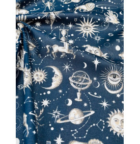 Coton Enduit – Motif Astro Bleu Nuit – Style ésotérique & céleste – Coupon 50 x 160 cm