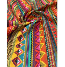 Coton enduit – Mexico rose bleu jaune – Motif ethnique – Coupon 50 x 160 cm