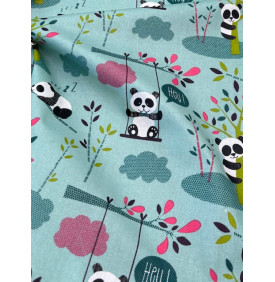 Coton Enduit Imprimé – Pandipanda Turquoise | Tissu Enfant Déperlant – 50x155 cm