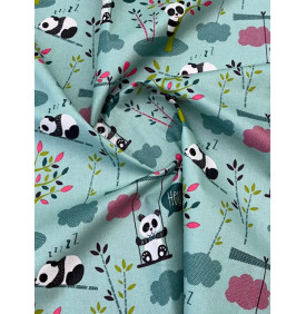 Coton Enduit Imprimé – Pandipanda Turquoise | Tissu Enfant Déperlant – 50x155 cm