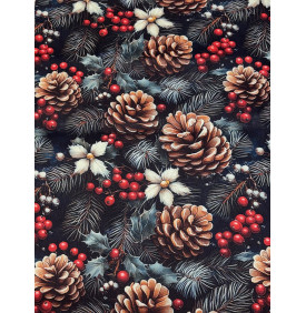 Tissus Sergé Coton / Graphique Pommes de Pin & Baies - Rouge & Noir - Coupon