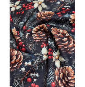 Coupon Sergé Coton "Pommes de Pin & Baies" Rouge/ Noir - 50 x 160 cm