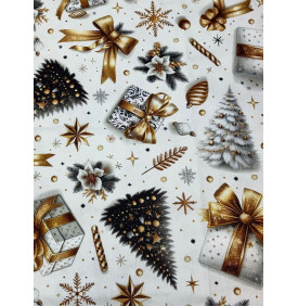 Tissus Sergé Coton / Graphique Noël - Blanc & Or - Coupon