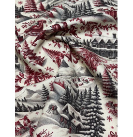 Coupon Sergé de Coton "Scène de Noël" Rouge & Gris – 50 x 160 cm