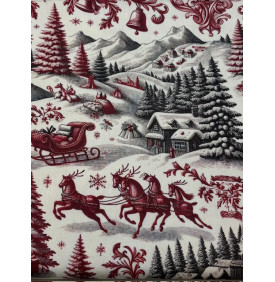 Coupon Sergé de Coton "Scène de Noël" Rouge & Gris – 50 x 160 cm