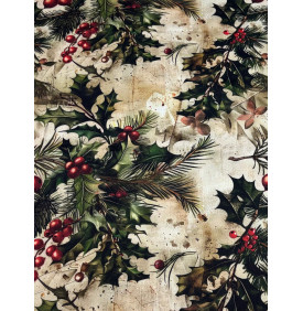 Tissus Sergé de Coton / Graphique Houx & Baies de Noël - Vert - Coupon