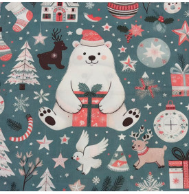 Carré Coton Motif Placé "Ours Polaire Gourmand de Noël" – Vert de Gris – 45 x 45 cm – 100% Coton – Impression Digitale