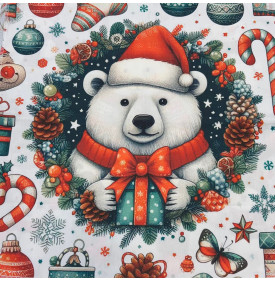 Carré Coton Motif Placé "Ours Polaire Couronne de Noël" – Fond Blanc Neige – 45 x 45 cm – 100% Coton – Impression Digitale