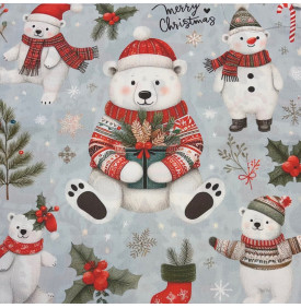 Carré Coton Motif Placé "Ours Polaire Pulls de Noël" – Bleu Givré – 45 x 45 cm – 100% Coton – Impression Digitale