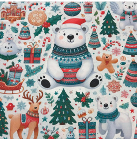 Carré Coton Motif Placé "Ours Polaire Pull Jacquard" – Fond Blanc Neige – 45 x 45 cm – 100% Coton – Impression Digitale