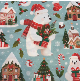 Carré Coton Motif Placé "Ours Polaire Village de Noël" – Bleu Lichen – 45 x 45 cm – 100% Coton – Impression Digitale