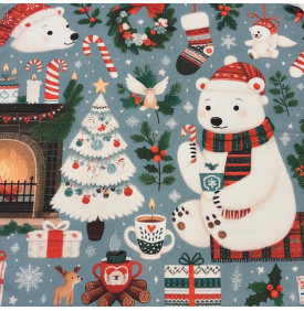 Carré Coton Motif Placé "Ours Polaire Cocooning de Noël" – Bleu Gris Scandinave – 45 x 45 cm – 100% Coton – Impression Digitale