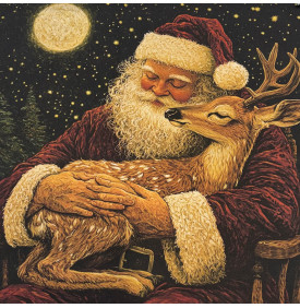 Carré Coton Motif Placé "Père Noël & Faon Sous la Lune" – Nuit Dorée – 45 x 45 cm – 100% Coton – Impression Digitale