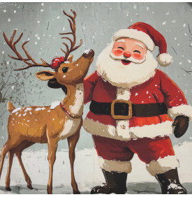 Carré Coton Motif Placé "Père Noël & Renne Enneigés" – Gris Givré – 45 x 45 cm – 100% Coton – Impression Digitale