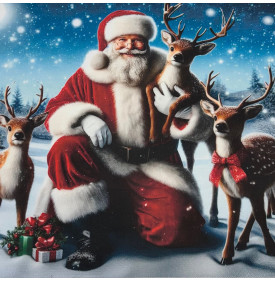 Carré Coton Motif Placé "Père Noël & Les Trois Rennes" – Nuit Bleu Cristal – 45 x 45 cm – 100% Coton – Impression Digitale