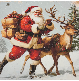 Carré Coton Motif Placé "Père Noël en Promenade" – Gris Neige – 45 x 45 cm – 100% Coton – Impression Digitale