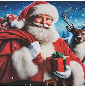Carré Coton Motif Placé "Père Noël au Cadeau Rouge" – Nuit Bleu Givré – 45 x 45 cm – 100% Coton – Impression Digitale