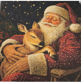 Carré Coton Motif Placé "Père Noël & Faon Endormi" – Nuit Étoilée – 45 x 45 cm – 100% Coton – Impression Digitale