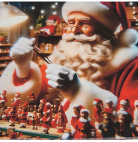 Carré Coton Motif Placé "Père Noël à l’Atelier" – Lumière Dorée – 45 x 45 cm – 100% Coton – Impression Digitale