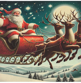 Carré Coton Motif Placé "Traîneau du Père Noël" – Nuit Lune Argentée – 45 x 45 cm – 100% Coton – Impression Digitale