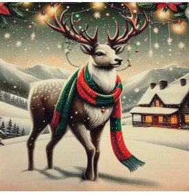 Carré Coton Motif Placé "Renne Majestueux de Noël" – Vert Sapin Enneigé – 45 x 45 cm – 100% Coton – Impression Digitale