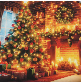 Carré Coton Motif Placé "Sapin & Cheminée de Noël" – Lumière Dorée – 45 x 45 cm – 100% Coton – Impression Digitale