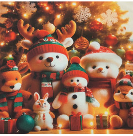 Carré Coton Motif Placé "Peluches de Noël" – Lumière Douce – 45 x 45 cm – 100% Coton – Impression Digitale