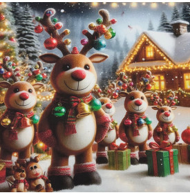 Carré Coton Motif Placé "Famille de Rennes de Noël" – Chalet Enneigé – 45 x 45 cm – 100% Coton – Impression Digitale