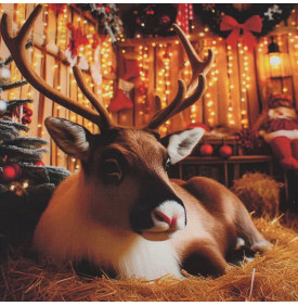 Carré Coton Motif Placé "Renne au Chalet" – Lumière Ambre – 45 x 45 cm – 100% Coton – Impression Digitale