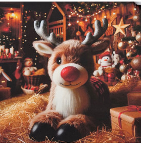 Carré Coton Motif Placé "Rudolph Peluche" – Chalet Illuminé – 45 x 45 cm – 100% Coton – Impression Digitale