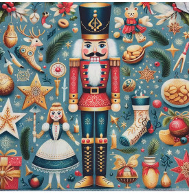 Carré Coton Motif Placé "Casse-Noisette de Noël" – Bleu Vintage Enneigé – 45 x 45 cm – 100% Coton – Impression Digitale