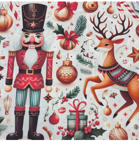 Motif Placé / Casse-Noisette & Renne Festif – Fond Ivoire Neige