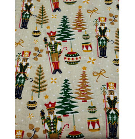 Coupon Coton Noël "Casse-Noisette Vintage" – Fond Lin Beige – 1m x 150 cm – Tissu Festif Traditionnel