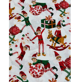 Coupon Coton Noël "Lutins Festifs" – Fond Blanc Neige – 1 m x 150 cm