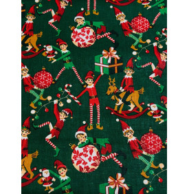 Coupon Coton Noël "Lutins Festifs" – Fond Vert Sapin – 1 m x 150 cm