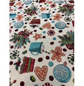 Coupon Jacquard Lurex "Gourmandises de Noël" – Fond Beige – 50 x 140 cm – Tissu Ameublement